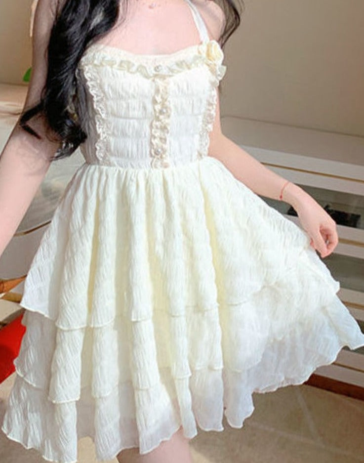 Summer Lace Flower Sweet Mini Patchwork Elegant Strap Kawaii Korean Slim Fit Vintage Dress