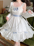 Summer Lace Bow Cute Mini Designer Ruffle Flounce Sweet Strap Hem Lace Mesh Slim Elegant Dress
