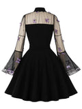 3D Butterfly Trim Mesh Flare Sleeve Vintage A-Line Party Dresses for Women Keyhole Front Black Mini Dress