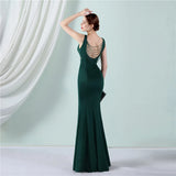 Green Backless Beading Evening Dress Women Sexy Slit V Neck Party Maxi Dress Long Prom Dress