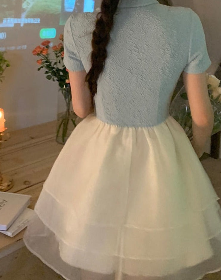 Summer Chiffon Patchwork Sweet Hollow Out Fluffy Party Mini Korean Vintage Fairy Dress