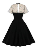 Floral Embroidered Mesh Patchwork Vintage Swing Dresses Bow Neck Elegant Women Party Summer A-Line Pockets Dress