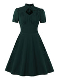 Twist Stand Collar Cut Out Front Party High Waist Ruched Dress Vintage Summer Women Pocket Side Green Swing Dresses