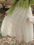 Summer Lace Flower Elegant Midi Designer Patchwork Fairy Chiffon Ruched Floral Sweet Skirt