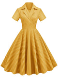 Notched Collar Striped High Waist Vintage Women Short Sleeve Mid-Calf Length Midi Dress