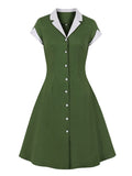 Contrast Collar and Cuff Green A-Line Summer Short Sleeve Women Single Breasted Cotton Vintage Robes Dress