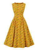 O-Neck High Waist Floral Print Vintage Tunics Elegant Summer Holiday Beach Midi Dress