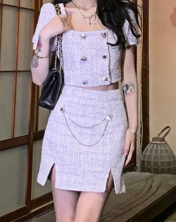 Summer Midriff Split Sexy Patchwork Plaid Korean Party Mini Skirt Set