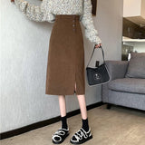 High Waist Long Women Spring Korean Style All-match Vintage Corduroy Ladies Elegant Pencil Skirt