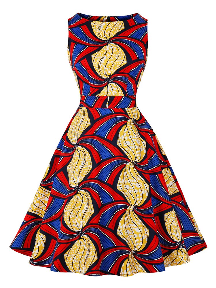 Multicolor Print Y2K Vintage Style Sleeveless Summer African Women Cotton A-Line Belted Knee Length Dress