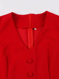 Vintage Retro Women Red Solid Dress Party Evening Elegant V-Neck Button Front Short Sleeve Summer Belted Swing Dress