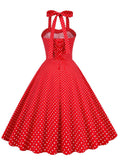 Halter Neck Button 50s Pinup Polka Dot Lace-Up Back Vintage Party Women Backless Cotton Elegant Red Dress