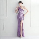 Sexy Slit Green Sequin Women One Shoulder Beading Long Evening Dress Party Maxi Dress