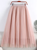 Spring Women Elegant Beading Mesh Midi Skirt Casual Elastic High Waist A Line Skirt