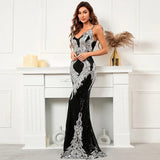 Women Sexy Strap Green Sequin Dress Party Maxi Dress V Neck Evening Dress Long Prom Dress