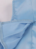 V-Neck Cold Shoulder Ruffle Sleeve Button Up Blue Elegant Evening Robe Women Summer Vintage Style Pleated Dress