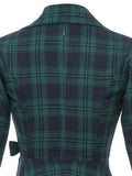 Notched Collar Green Plaid Vintage High Waist Dress Autumn Winter Women 3/4 Length Sleeve 1950S Rockabilly Midi Dresses