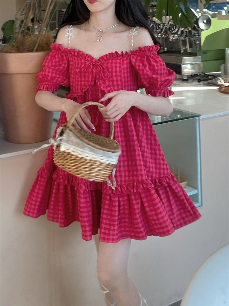 Summer Pink Plaid Princess Bow Patchwork Kawaii Strap Korean Sexy Party Mini Dress