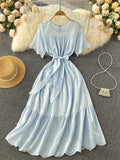 Women Cutwork Embroidery Elegant Midi Dress With Belt Round Neck Short Sleeve Casual Dress