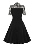 Stand Collar Hollow Out Front Lace Sleeve Elegant Night Party Dresses for Women Vintage Style Pockets Black Dress
