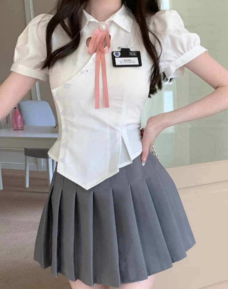 Summer Folds Bow Sweet Women Korean Skinny Sexy Casual Party Mini Skirt Set