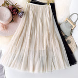 Women Lace Bead Pleated Sweet A-Line Elastic High Waist Skirts Streetwear