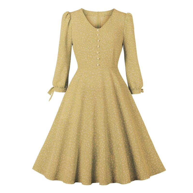50s 60s Knee Length Elegant Floral Swing Dress 2022 Spring Women V-Neck Button Front A Line Pockets Vintage Style Flare Dresses