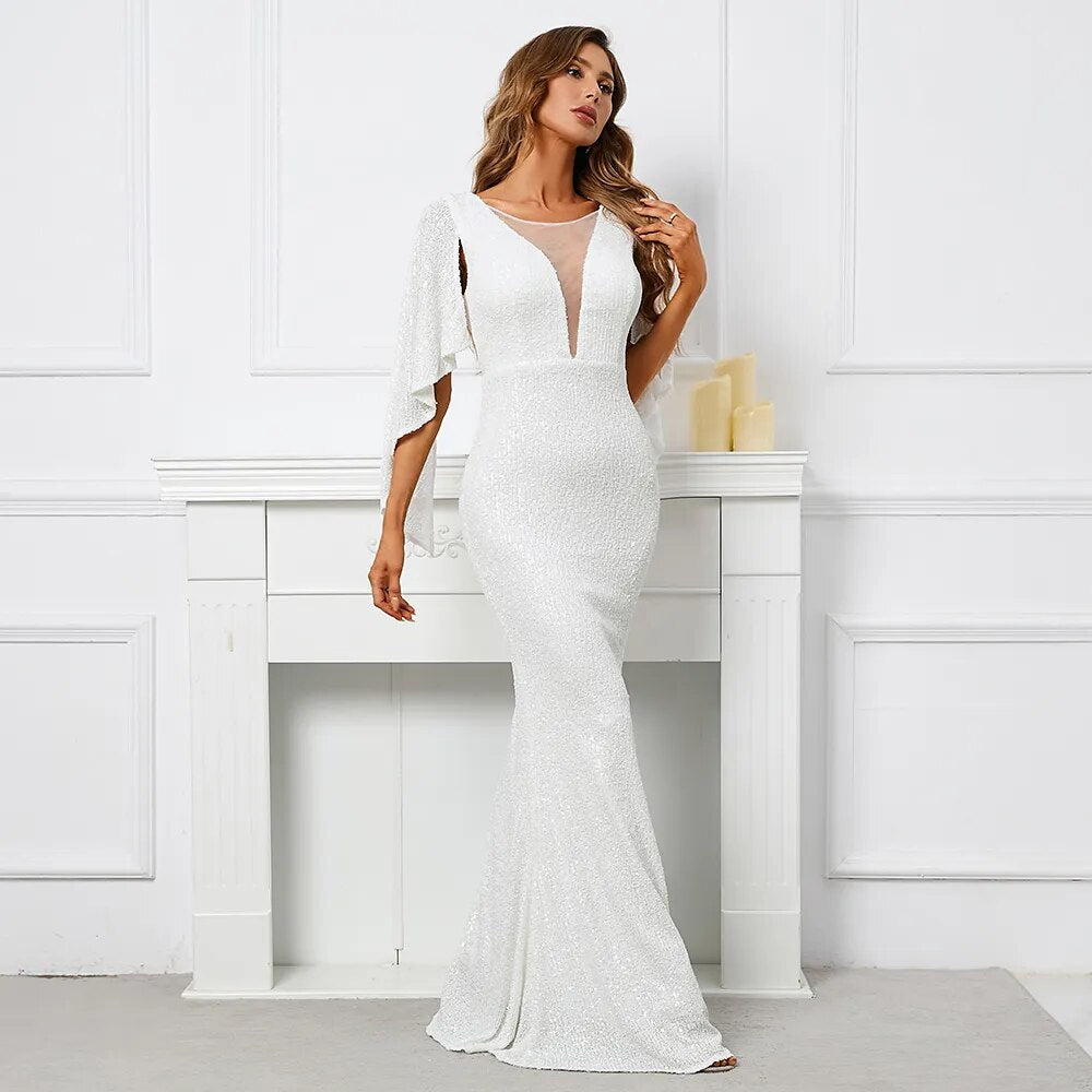 Women White Sequin Long Prom Dress V Neck Evening Dress Elegant Party – FashionLoveHunter