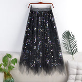 Spring Women Elastic High Waist Pleated Double Layer Mesh Sequins A-Line Skirts Streetwear