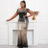 Plus Size Women Black Gold Sequin Beading Evening Dress Elegant V Neck Party Maxi Dress Long Prom Dress
