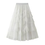 Long Maxi Women Korean Irregular Ruffle High Waist Pleated Skirt Mesh Asymmetrical Tutu Skirt