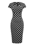 Polka Dot High Waist Elegant Bodycon Pencil Dresses for Women Cap Sleeve Summer Midi Cotton Dress