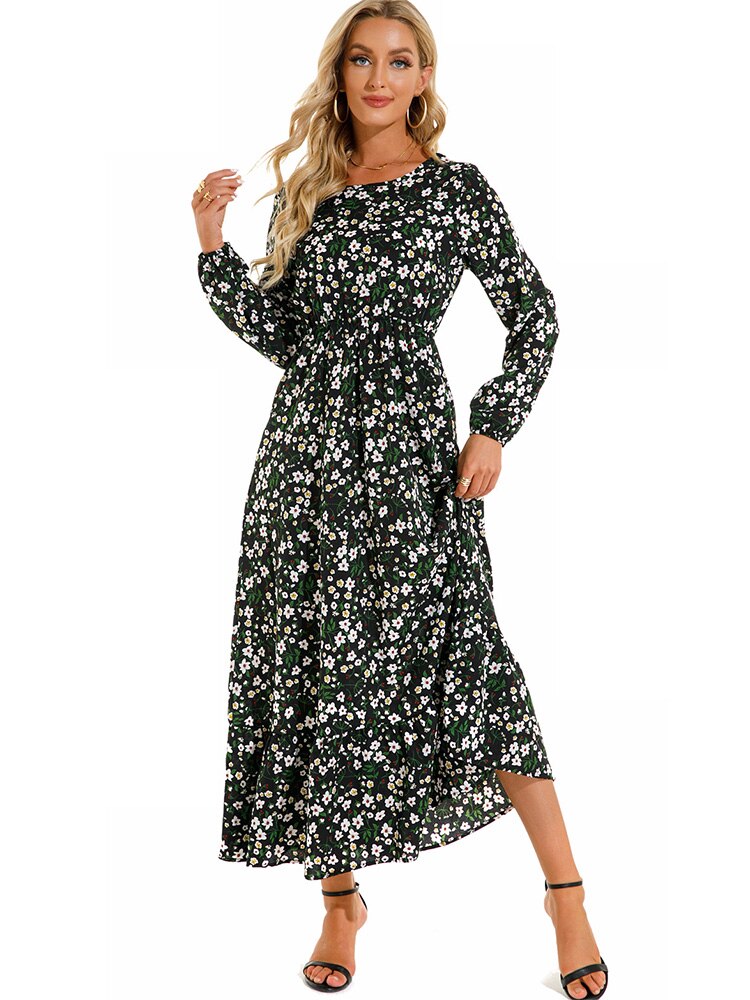 Vintage Print Floral Maxi Dress Women Elegant Long Sleeve Casual Dress