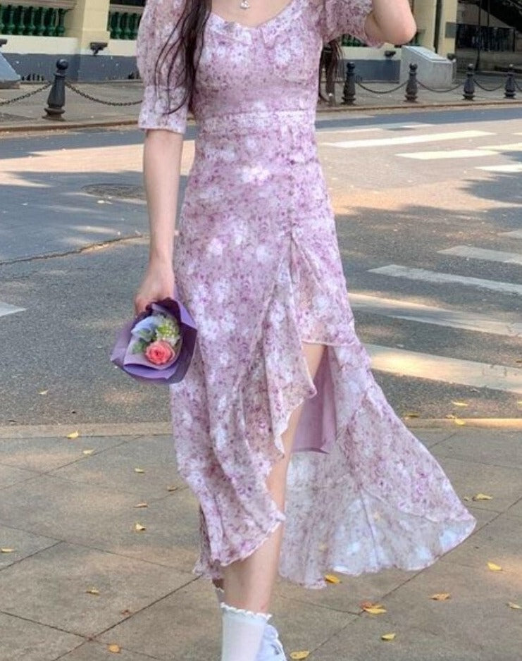 Summer Split Floral Elegant Midi Casual Ruffle Flounce Sweet Princess Slim Fit Lace Vacation Dress
