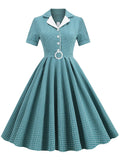 Notched Collar Buttons Belted Vintage Plaid Women Short Sleeve 50s Robe Turquoise Swing Midi Dress