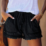 Elastic Waist Casual High Waist Slim Denim Multi-color Pocket Tassel Sports Shorts