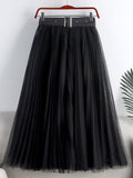 Elegant Long Women Tulle Pleated Skirt With Belt High Waist Solid Mesh Midi Skirt