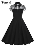 Black Contrast Floral Mesh Vintage Women Summer Swing Dress Turn-Down Collar Button Front Short Sleeve Midi Dresses