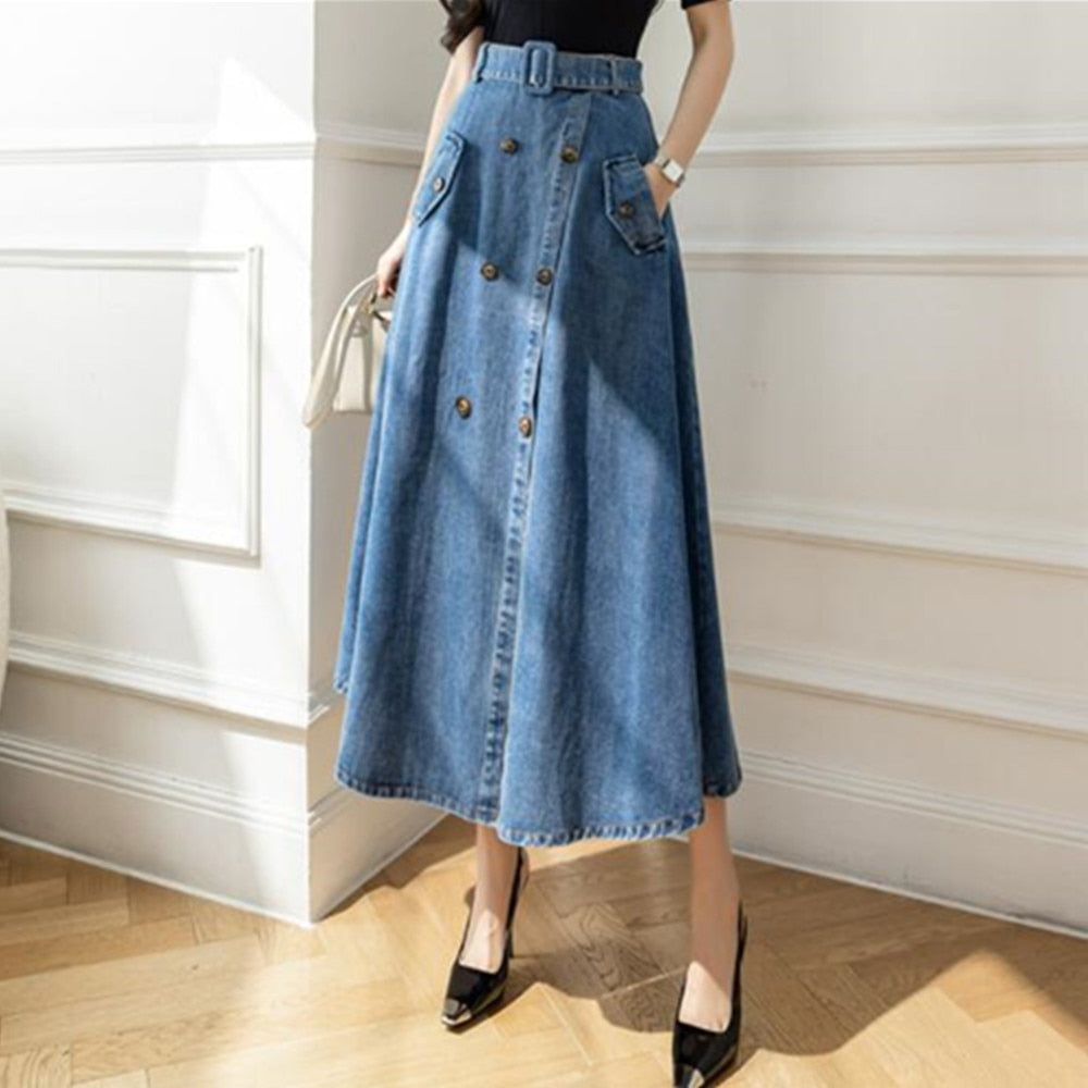 High Waist Pleated Long Women Vintage Flared Jean Skirt Vintage Casual Loose Solid Denim Maxi Skirts