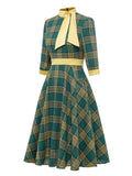 Bow Neck Green Plaid 50s Vintage 3/4 Length Sleeve Midi Dresses for Women Autumn Winter Pocket Side Retro Dress