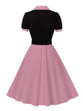 Two Tone Patchwork Polka Dot Women Formal and Elegant Dress Vintage Style Buttons Belted Pleated Rockabilly Dresses