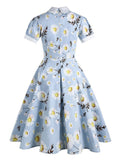 Peter-Pan Collar Daisy Print Floral Elegant Women Vintage Puff Sleeve Rockabilly Cotton Pinup Midi Dresses