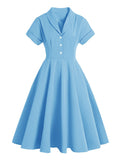 Turn Down Collar Button Up Yellow Elegant Women Summer 1950S Vintage Style Ladies Solid Midi Swing Dresses
