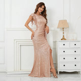 Elegant Gold Sequin Women Ruffles Short Sleeve Evening Party Maxi Dress Long Prom Dress