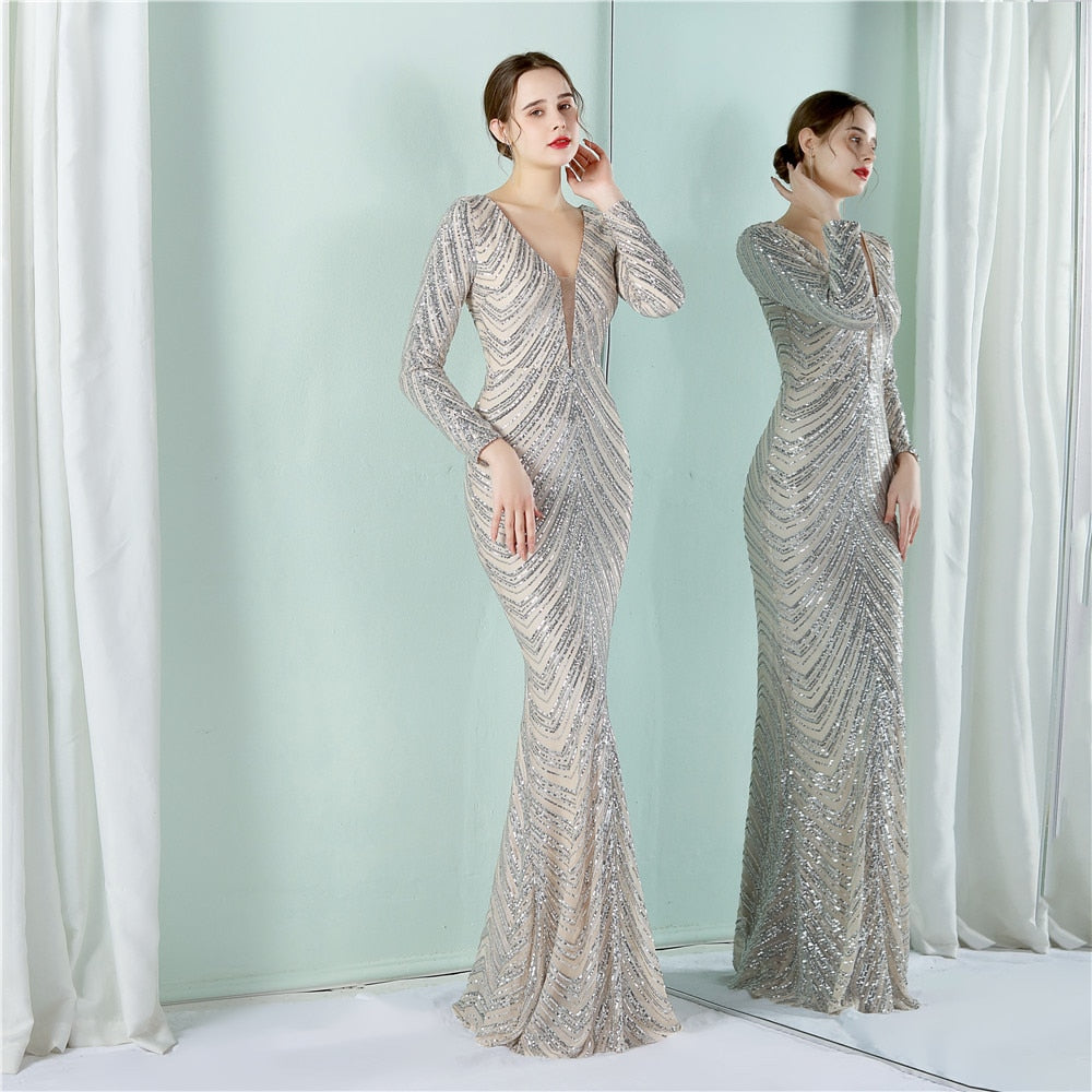 New V-neck Long Sleeve Evening Dress Sexy Mermaid Sequin Women Floor length Wedding Party Dress