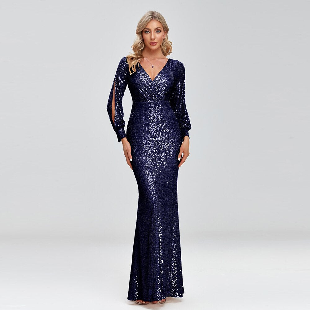 New Elegant V-neck Mermaid Evening Dress Floor Length Formal Prom Party Gown Sequins Long Sleeve Galadress