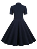 Navy Blue Vintage Pinup Robe Cotton Long Dresses Women Button Up Belted Rockabilly Swing Dress