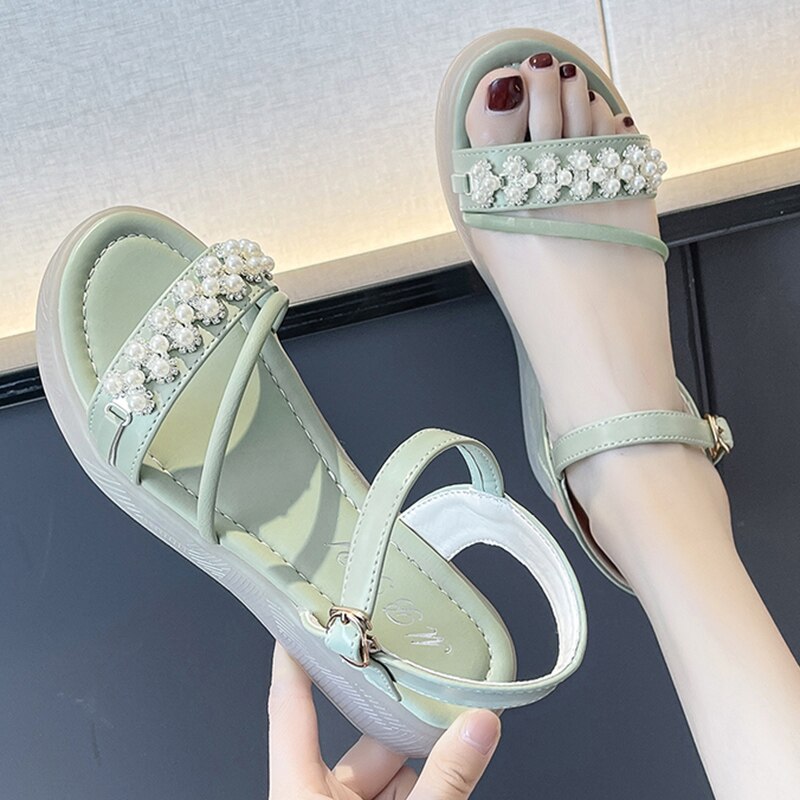 Fashion Pearls Flat Heels Summer Crystal Buckle Strap Sandals Woman Thick Bottom Gladiator Shoes