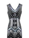 1920s Party Women Flapper Dress V-Neck Sleeveless Sequin and Beaded High Waist Evening Cocktail Midi Dresses