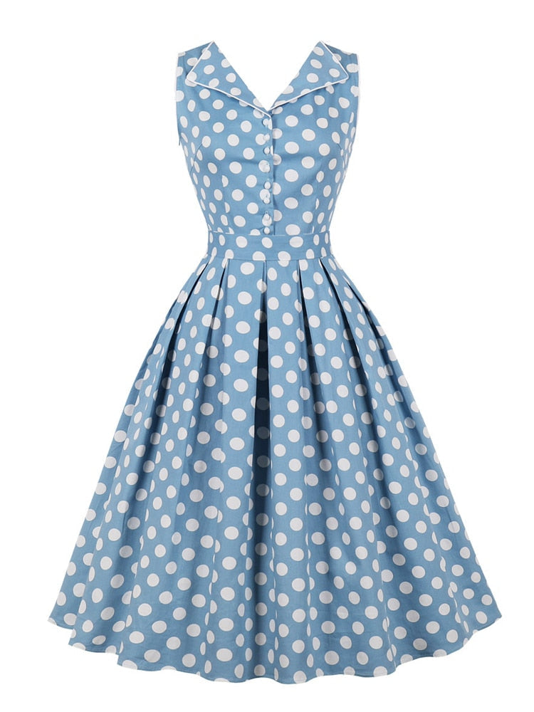 Polka Dot 50s Pinup Robe Femme Button Front Long Women High Waist Belted Vintage Pleated Midi Dresses